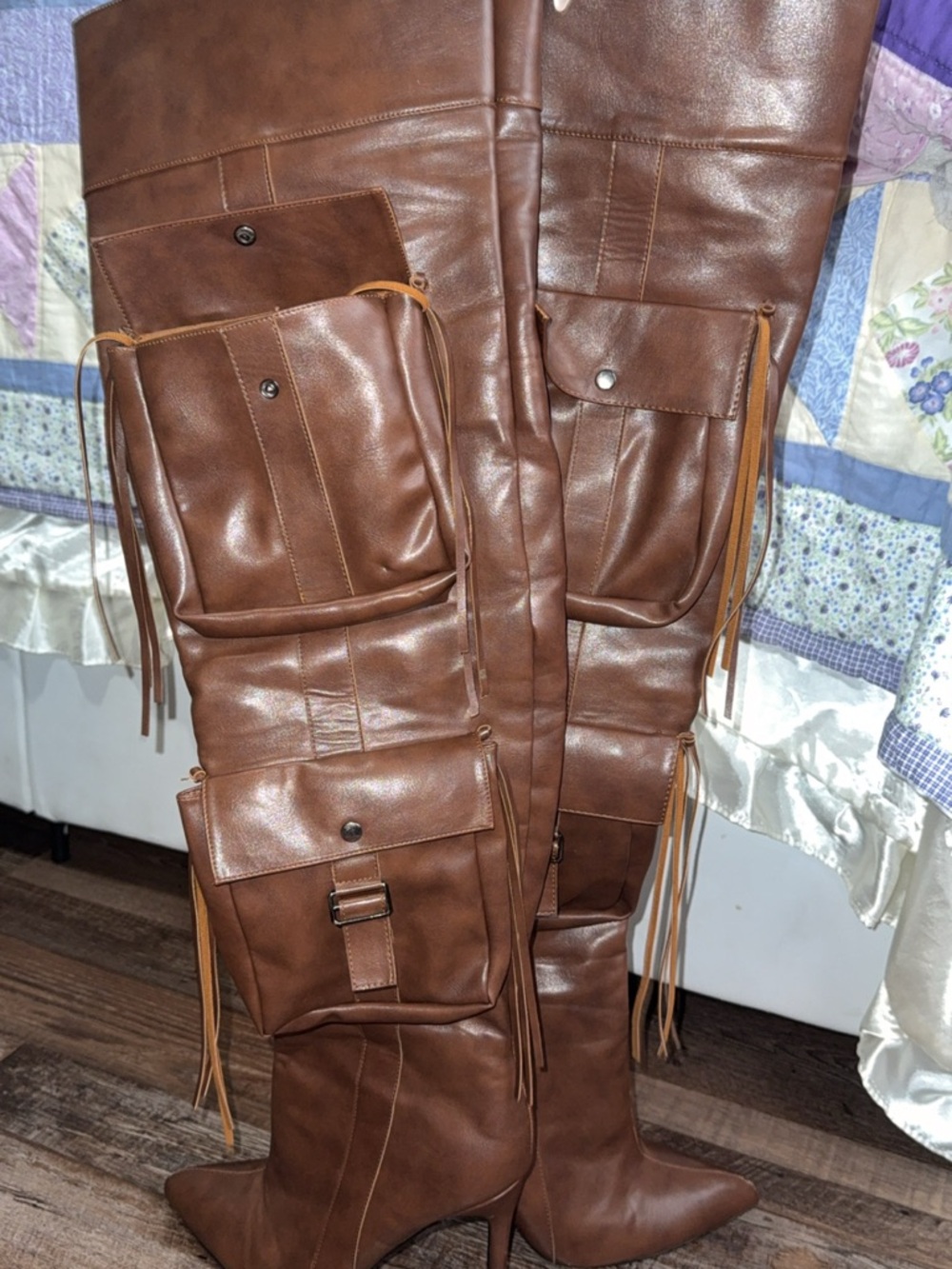 Brown Over-the-Knee Fringe Pocket Boots